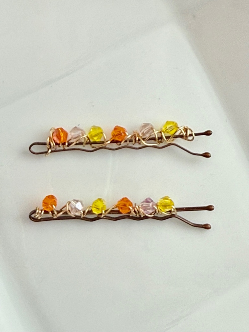 Yellow Orange & Pink Crystals Beaded Bobby Pins